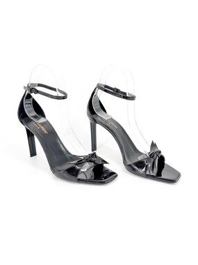 Saint Laurent Bea 90 Knot Patent Leather Sandals Heels Black Size 38.5 US 8.5